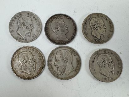 Lot of six 5-franc silver coins from Italy,...