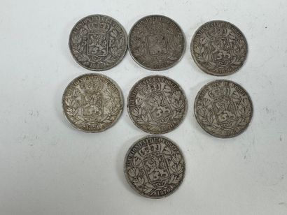 Seven 5-franc silver coins, Leopold II King...