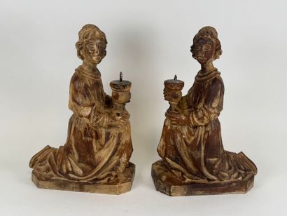 Pair of carved wood picnic tables decorated...