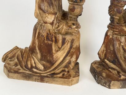 Pair of carved wood picnic tables decorated...
