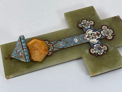 Cloisonné-style brass stoup with onyx and...