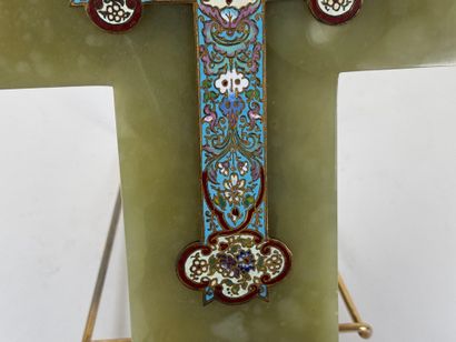 Cloisonné-style brass stoup with onyx and...