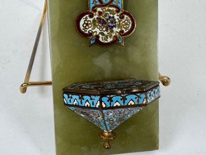Cloisonné-style brass stoup with onyx and...