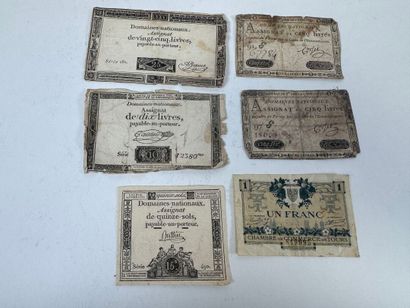 Lot of five assignats and a 1 franc bill...
