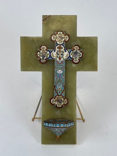 Cloisonné-style brass stoup with onyx and...