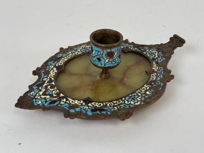 Bronze and onyx hand candlestick with cloisonné...