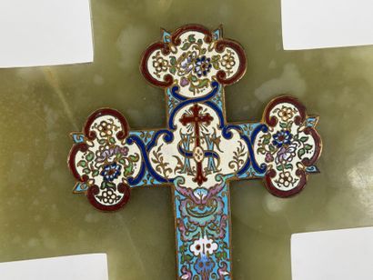 Cloisonné-style brass stoup with onyx and...