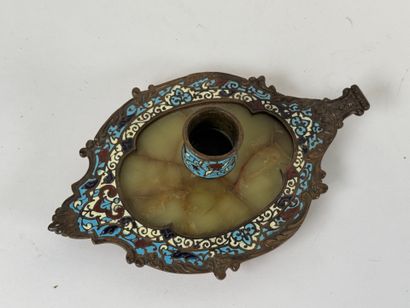 Bronze and onyx hand candlestick with cloisonné...