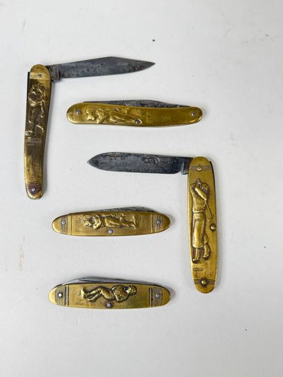 Set of 5 small brass and steel pocket knives...
