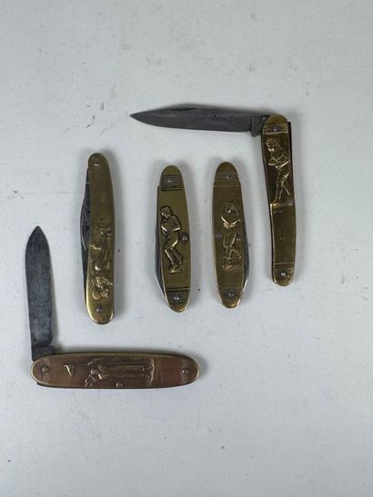 Set of 5 small brass and steel pocket knives...
