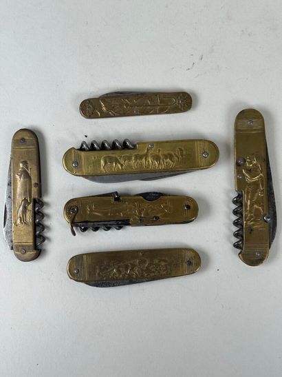 Set of 6 brass and steel pocket knives decorated...