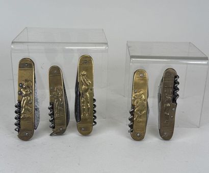 Set of 5 brass and steel pocket knives decorated...