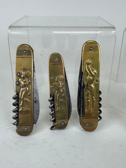 Set of 5 brass and steel pocket knives decorated...