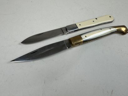 Two folding knives in horn and ivory, metal...