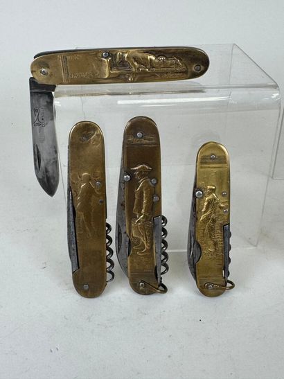 Set of 7 brass and steel pocket knives decorated...