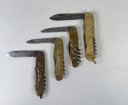 Set of 4 brass and steel pocket knives decorated...
