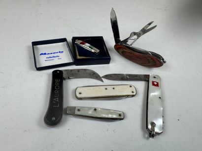Collection of 6 small folding knives in wood,...