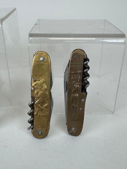 Set of 5 brass and steel pocket knives decorated...