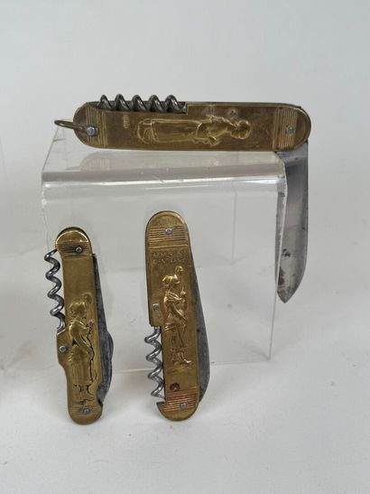 Set of 7 brass and steel pocket knives decorated...