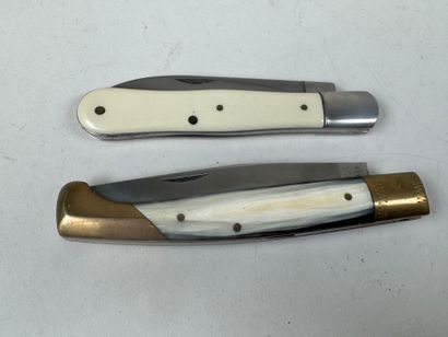 Two folding knives in horn and ivory, metal...