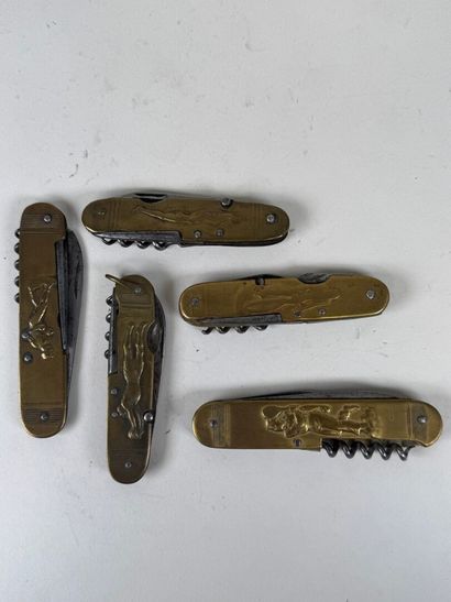 Set of 5 brass and steel pocket knives decorated...