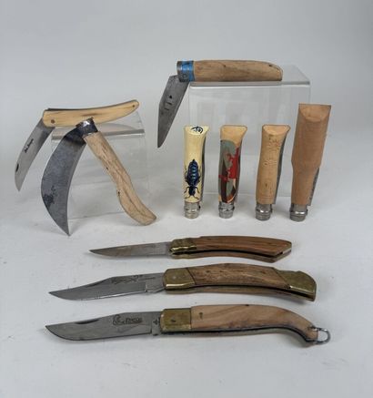 Set of 10 knives with wooden handles, including...