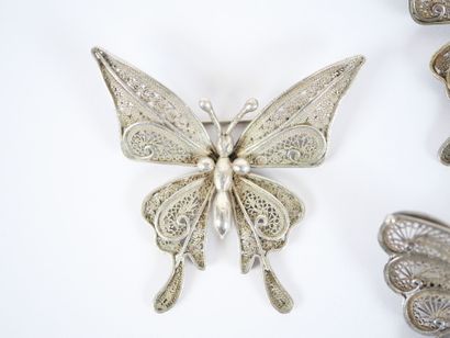 Set of three butterfly brooches in filigree...