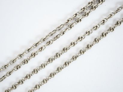 Stylized silver neck chain adorned with a...