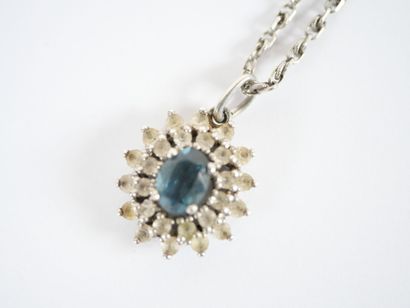 Stylized silver neck chain adorned with a...
