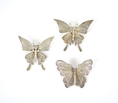 Set of three butterfly brooches in filigree...