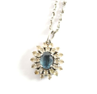 Stylized silver neck chain adorned with a...