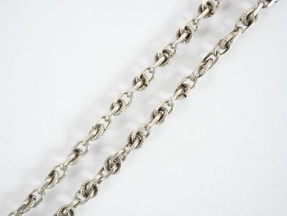 Stylized silver neck chain adorned with a...