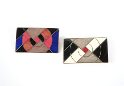 Two rectangular silver or metal and polychrome...