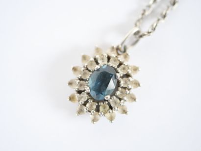 Stylized silver neck chain adorned with a...