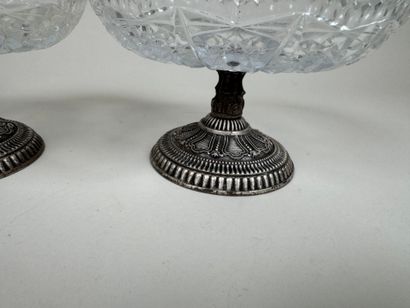 Pair of cut crystal goblets, metal base with...