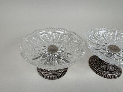 Pair of cut crystal goblets, metal base with...
