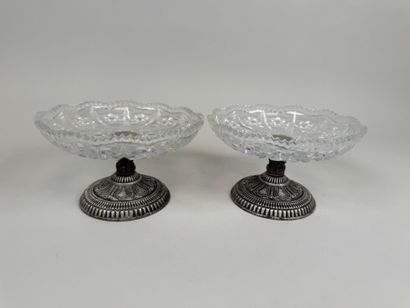 Pair of cut crystal goblets, metal base with...