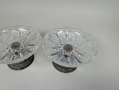 Pair of cut crystal goblets, metal base with...