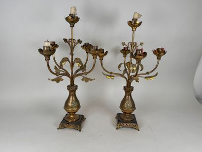 Pair of openwork brass torches with 5 lights...