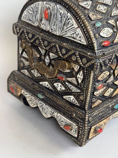 Wooden box covered with copper-alloy metal...