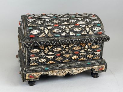 Wooden box covered with copper-alloy metal...