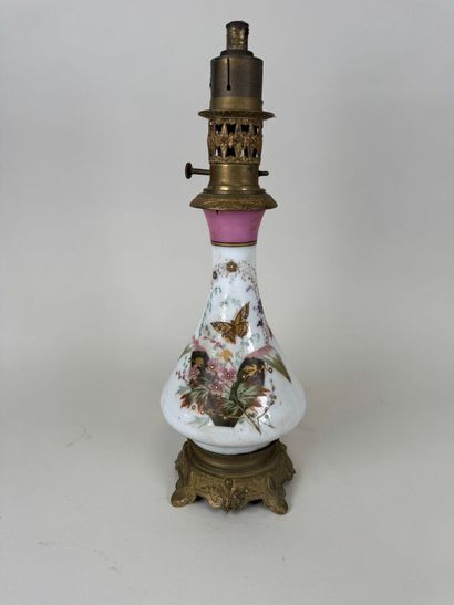 Opaline kerosene lamp with painted decoration...