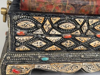 Wooden box covered with copper-alloy metal...