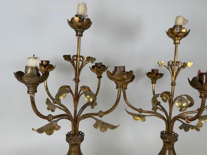 Pair of openwork brass torches with 5 lights...
