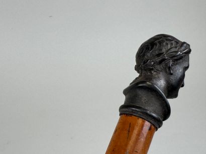 Canne en bois clair, le pommeau en régule...