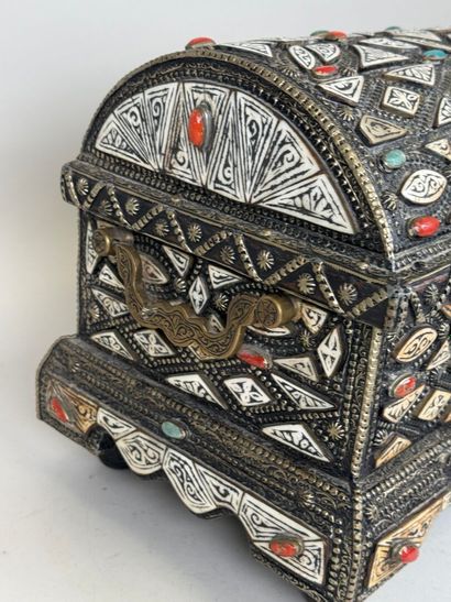 Wooden box covered with copper-alloy metal...