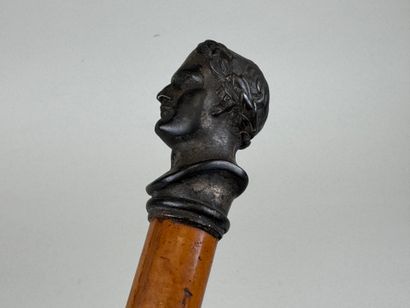 Canne en bois clair, le pommeau en régule...