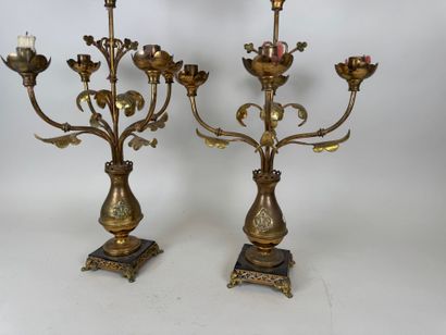 Pair of openwork brass torches with 5 lights...