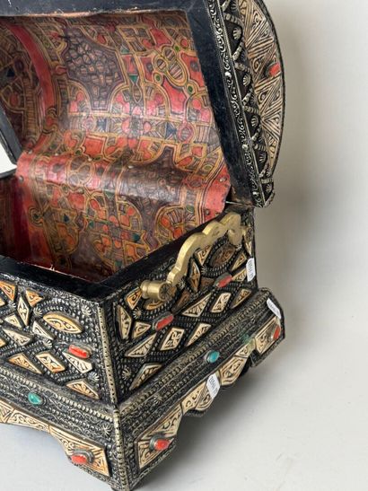 Wooden box covered with copper-alloy metal...