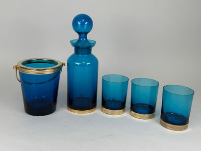 Service à jus de fruit en verre coloré bleu,...